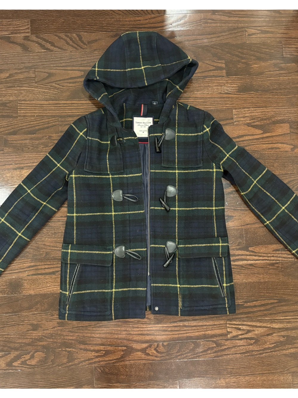 Tommy Hilfiger Navy & Green Plaid Hooded Pea Coat
